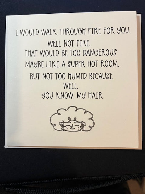 Card with humorous text and cloud illustration on a white background